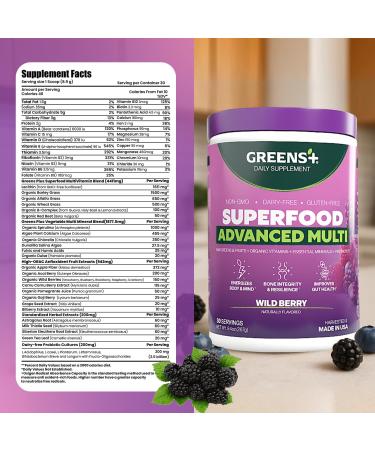 Greens+ Advanced Multi Wild Berry Superfood Powder Organic Blend Vegan Non-GMO Soy-Free Dairy-Free Gluten-Free Dietary Supplement with Vitamins & Minerals 9.4 oz - Buy Online on GoSupps.com