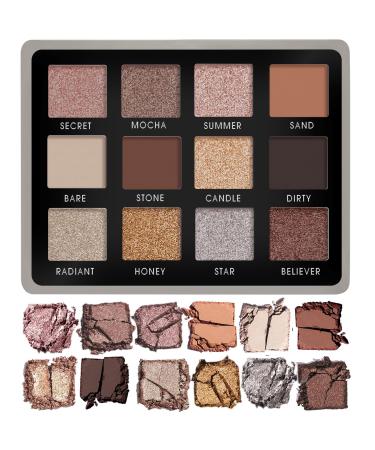 Nude Smokey Neutral Eyeshadow Palette - 12 Highly Pigmented Cool Toned Shimmer Matte Colors For Professional Everyday Looks - Travel Size Eye Shadow Makeup Palette With Mirror Neutral Nude Grey Silver