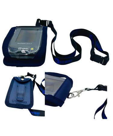 Sevas Diabetic Care - Bag for Taking on - For the Freestyle Libre Measurement device 1 2 & 3 - shoulder bag with a belt clip and viewing window - including Um Han gang - Dark blue