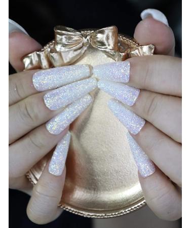 MISUD Glitter Long Coffin Fake Nails - White Ballerina Shape Acrylic Nails for Women & Girls - Buy Online on GoSupps.com