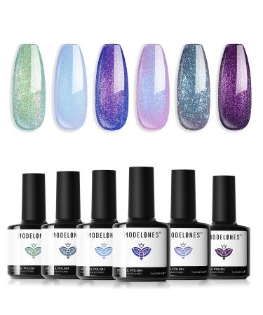 Modelones Gel Nail Polish 6 Colors Chameleon Aurora Shimmer Glitter Gel Polish Kit Blue Green Purple Nail Gel Polish Fall Winter Soak Off LED Nail Lamp Nail Art Gel Kit DIY Salon Gift for Women