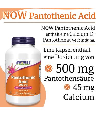 Now Foods Pantothenic Acid 500 mg - High Dose Vitamin B5 250 Vegan Capsules Gluten-Free & Soy-Free Laboratory Tested - International Shipping Available - Buy Online on GoSupps.com