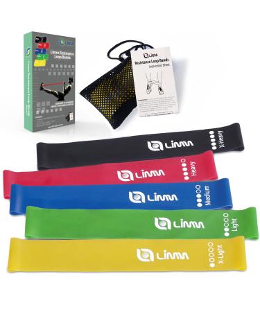 Limm Resistance Loop Exercise Bands - Set of 5 Stretch Bands for Working Out with Instruction Guide & Carry Bag - Elastic Band for Home Workout & Physical Therapy for Women and Men Latex Multicolor Set of 5