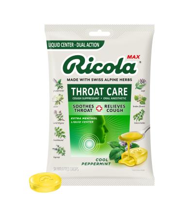 Ricola Max Cool Peppermint Throat Care Large Bag | Cough Suppressant Drops | Dual Action Liquid Center | Soothing Long-Lasting Relief - 34 Count (Pack of 1)