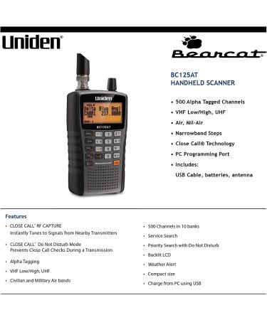 Uniden BC125AT Handheld Scanner - 500 Alpha-Tagged Channels, Close Call Technology, PC Programable - Aviation, Marine, Railroad, NASCAR, Racing, Police, Fire, Public Safety - Buy Online on GoSupps.com