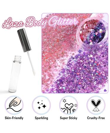Laza Body Glitter - Holographic Chunky Sequins for Eyeshadow & Makeup | Pink Violet | Festival Rave Carnival & Party Accessories | 2 Jars - Buy Online on GoSupps.com