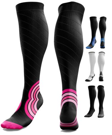 aZengear Compression Socks (20-30mmHg) Anti DVT Air Flying Knee-High Flight Travel Stockings Swollen Legs Varicose Veins Running Shin Splints Calf Pressure Support Sports L/XL Black w/Pink