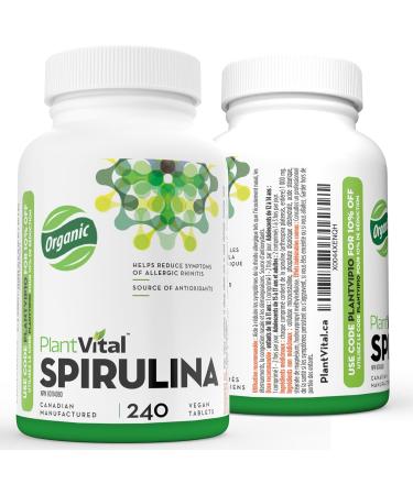 Plantvital Organic Spirulina Tablets (240 Tablets) 1000mg Per Tablet - Mega Source of Chlorophyll Protein. Vitamins/Minerals Antioxidant Rich Superfood. Vegan Non-GMO Gluten Soy Dairy Free! Made in Canada 240 count (Pack of 1) - Buy Online on GoSupps.com