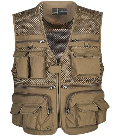 Flygo Mens Summer Outdoor Work Safari Fishing Travel Photo Vest with Pockets Medium Khaki-mesh