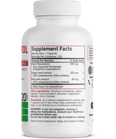 Bronson Resveratrol 500 Complex - 120 Capsules, Trans-Resveratrol, Grape Seed & Red Wine Extract - Buy Online on GoSupps.com