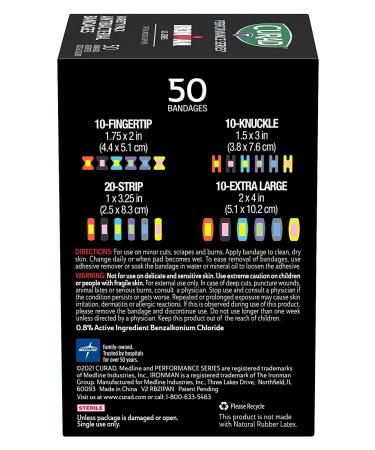 Curad Performance Series Ironman Antibacterial Bandages - Extreme Hold Adhesive Technology - Assorted Variety Pack (Standard, XL, Finger & Knuckle Fabric) - 50 Count - Buy Online on GoSupps.com