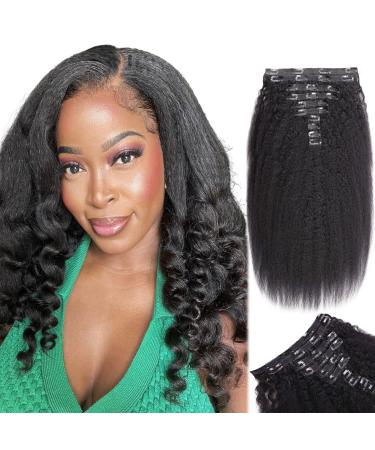 Kinky Straight Clip In Hair Extensions Human Hair Clip In Extensions For Black Women 1b Natural Hair Black Kinky Yaki Straight Clip In 14 Inch 120g 10Pcs 14 Inch (Pack of 10) 1b