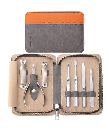 Manicure Set FAMILIFE Gifts for Men Nail Kit Professional Manicure Kit Pedicure Set 7PCS Nail Clipper Set Stainless Steel Nail Clippers Pedicure Kit Mens Grooming Kit Gray Travel Leather Case Portable Orange
