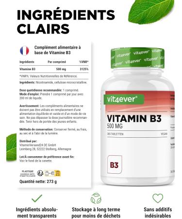 Vitamin B3 (Niacin) - 500 mg - 365 Tablets - High Dose Nicotinamide - Flushfree - No Additives - Vegan - Buy Online on GoSupps.com