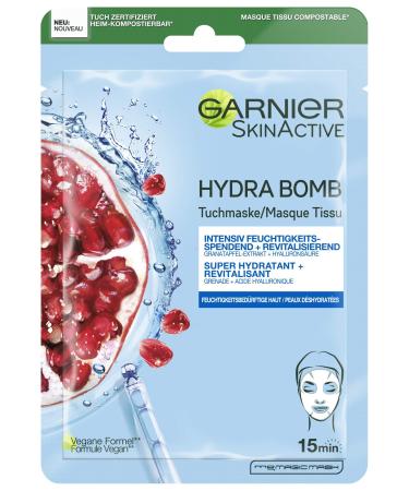 Garnier Cloth Mask Face Mask for Moisture Needing Skin Revitalising and Moisturising with Hyaluronic Acid and Pomegranate Extract Hydra Bomb 28 g