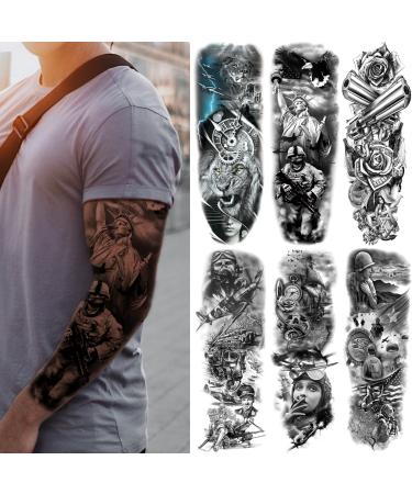 Military Temporary Tattoo Sleeves  Full Arm Large War Soldier Fake Tattoos Sleeve For Men Women Adult  Black Long Lasting Patriotic Warrior Temp Tatoo Sticker Leg Body Art Makeup  6-Sheet