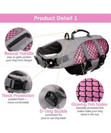 Kuoser High Visibility Dog Life Jacket | Adjustable Pet Floatation Vest with Reflective Stripes | Rescue Handle | Shining Fish Scales | Dog Lifesaver Swimwear for Pool & Beach | Pink, Size Large - Buy Online on GoSupps.com