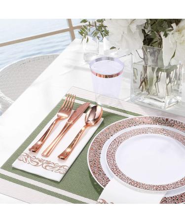 175 Piece Rose Gold Dinnerware Set -Disposable Dinnerware Set with 25 Guest-50 Rose Gold Rim Plastic Plates-25 Rose Gold Plastic Silverware-25 Rose Gold Plastic Cups-25 Linen Like Paper Napkins - Buy Online on GoSupps.com