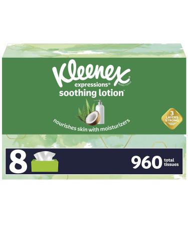 Kleenex Expressions Soothing Lotion Facial Tissues with Coconut Oil, Aloe & Vitamin E, 8 Flat Boxes, 120 Tissues Per Box (960 Total Tissues)