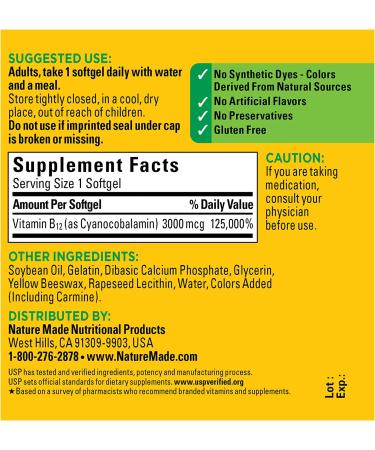 Nature Made Extra Strength Vitamin B12 3000 mcg Softgels - Energy Metabolism Support - 60 Day Supply - Buy Online on GoSupps.com