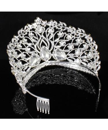 Janefashions Large Floral Rhinestone Tiara Crown Headpiece | Beauty Queen Princess Pageant | Bridal Silver T901 - Buy Online on GoSupps.com