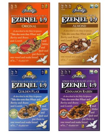 Food For Life Ezekiel 4:9 Organic Sprouted Whole Grain Cereal Variety Pack, Original, Cinnamon Raisin, Golden Flax And Almond, 16oz (4 Pack) In Sanisco Packaging