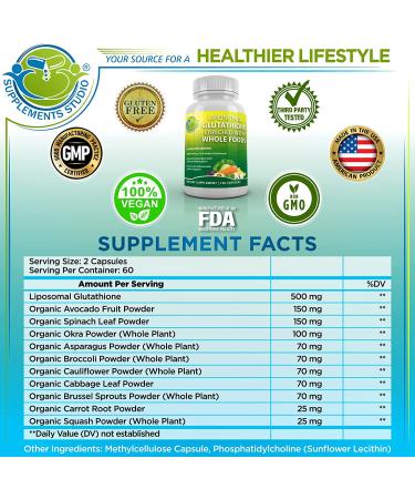 Liposomal Glutathione 500mg Supplement with Organic Whole Foods - Master Antioxidant & Detoxifier - Immune & Cardiovascular Support - 2 Month Supply - 60 Servings - Buy Online on GoSupps.com