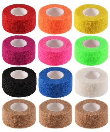 12 Pack 1” x 5 Yards Self Adhesive Elastic Bandage Wrap Stretch Self-Adherent Tape for First Aid,Sports, Wrist, Ankle (10 Colors) Multicolor 1 Inch (Pack of 12)
