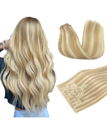 Doores seamless clip in extensions real hair dirty blonde highlights bleached blonde 40cm 16 inch 7 pieces 110g remy human clips in hair extension natural real hair extensions thick hair seamless 40cm-11/613 dirty blonde highlight seamless