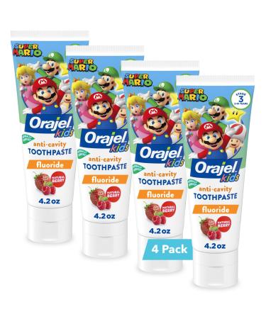 Orajel Kids Super Mario Anti-Cavity Fluoride Toothpaste, Natural Berry Flavor, 4.2oz Tube, 4-Pack