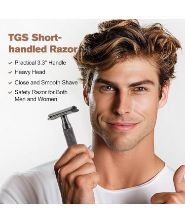 Men's Double Edge Safety Razor - Matte Black Thick Short Handle 10 Blades Portable Travel Size Smooth Closed Shave - Buy Online on GoSupps.com