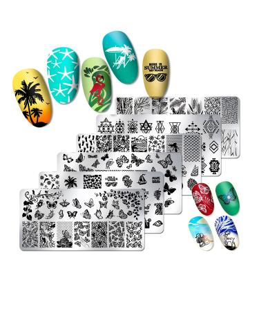 JERCLITY 6pcs Nail Stamping Plate Summer Beach Butterfly Leaf Geometry Image Plates Nail Art Design Stamping Kit Manicure Template Set KT1