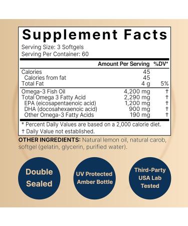 Omega 3 Fish Oil 4,200mg 180 Burpless Softgels Highly Purified EPA 1,200mg & DHA 900mg | Lemon Flavored | Premium Wild Caught Fish from Deep Sea Heart & Brain Support Mercury Free & Non-GMO - Buy Online on GoSupps.com