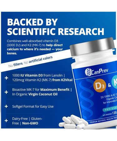CanPrev D3 & K2 Vitamins 120 Softgels 120-Day Supply 1000IU Vitamin D3 & 120mcg K2 Supports Strong Bones Teeth & Heart Wellness Easy-to-Absorb with Organic Coconut Oil No GMO Gluten Soy Dairy 120 Count (Pack of 1) - Buy Online on GoSupps.com