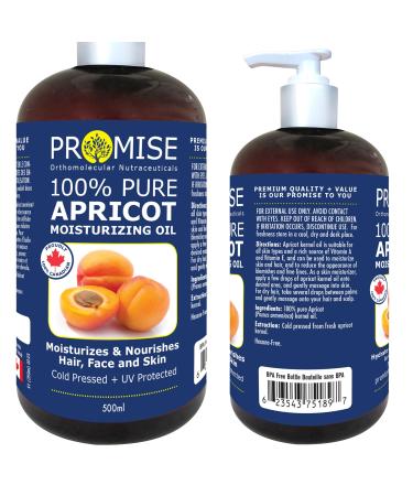 500ml (16oz) PURE 100% APRICOT MOISTURIZING OIL Moisturizes & Nourishes Hair Face and Skin Cold Pressed + UV Protected Made in Canada (500ml) 500 ml (Pack of 1)