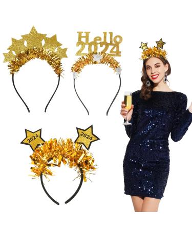 MONCAP 3pcs Happy New Year Headbands 2024 New Year Party Hair Broppers 2024 NYE Party Hair Bands Novelty Photo Props for 2024 Kids Adults New Year's Eve Party Supplies