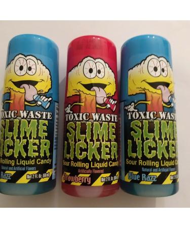Slime Licker Bundle of Sour Rolling Liquid Candy One Strawberry and Two Blue Razz Flavor 2oz Each 2 Ounce (Pack of 3)