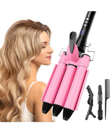3 Barrel Hair Curler 25mm Curling Iron Tongs Hair Waver Mermaid Waves Wand with Intelligent Temperature Control Quick Heating for Long or Short Styling (Pink)