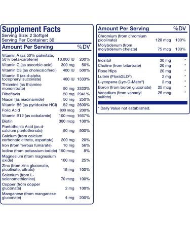 30-in-1 Adult Multivitamin with Iron - Antioxidant Rich Over 50 Multivitamin for Women and Men with Vitamins A C D E B Complex Zinc Magnesium Myo Inositol Lutein Lycopene & More - 1 Month Supply - Buy Online on GoSupps.com