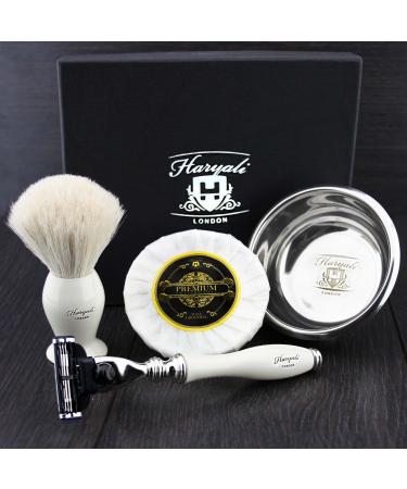 4 Pc Mens Shaving Kit 3 Edge Shaving Razor With White Badger Hair Brush Soap and Stainless Steel Bowl Perfect Set For Men