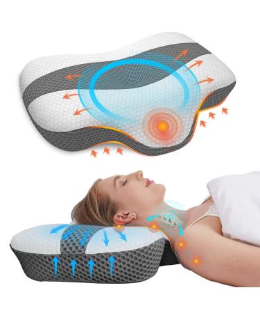 Gilally Cervical Memory Foam Pillow for Neck and Shoulder Pain Neck Support Side Sleepers Pillow for Pain Relief Sleeping Ergonomic Contour Pillows White and Gery