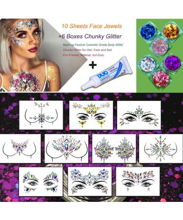Face & Body Gems Stickers - 10 Sets of Chunky Glitter Jewels for Festival Makeup | International Shipping - Buy Online on GoSupps.com