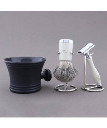 Shaving set for all genders ivory Color: This men's shaving brush (also for women) contains badger hair brush black plastic razor shell shaving stand double cutter