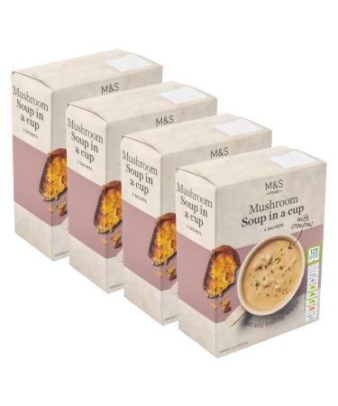 M&S Marks & Spencer Instant Mushroom Soup in a Cup Mix with Croutons 125 Calories Per Sachet Vegetarian - Set of 4 Boxes (4x4pk)