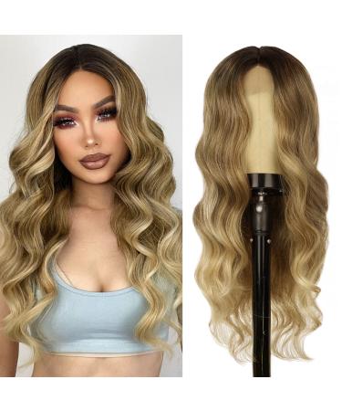 Blonde Wig for Women Long Ombre Blonde Wavy Wig Middle Part Synthetic Hair Curly Wave Wig Natural Looking Heat Resistant Fiber Wig for Daily Party Use