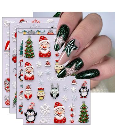 JMEOWIO 6 Sheets 3D Embossed Christmas Glitter Nail Art Stickers Decals Self-Adhesive 5D Santa Elk Snowflake Winter Holiday Nail Supplies Nail Art Design Decoration Accessories