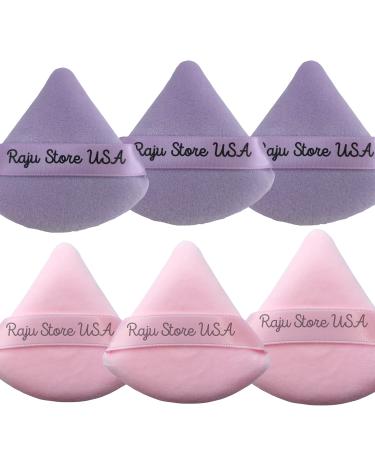 6 Pieces Powder Puff Face Soft Triangle Makeup Puff for Loose Powder Body Powder, Wedge Shape Velvet Cosmetic Sponge for Contouring, Under Eyes and Corners, Beauty Makeup Tools (Purple and Light Pink)