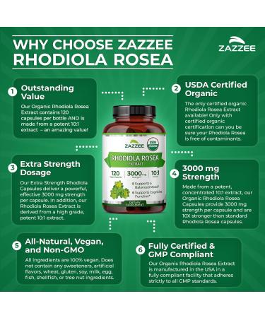 Zazzee USDA Organic Rhodiola 10:1 Exract 3000 mg Strength 120 Capsules 4 Month Supply Standardized and Concentrated 10X Extract 100% Vegetarian Extra Strength All-Natural and Non-GMO - Buy Online on GoSupps.com
