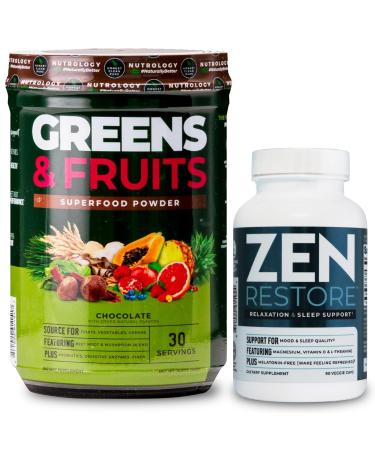 Nutrology Greens & Fruits Powder-Naturally Sourced Superfood Chocolate (30 Servings) Zen Natural Magnesium Supplement (30 Servings)