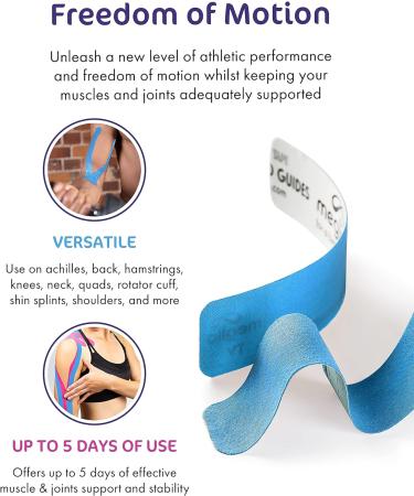 Meglio Kinesiology Tape - Uncut 5 Metre Roll - Therapeutic and Hypoallergenic - For Muscle Support & Sports Injury Recovery - Breathable & Waterproof - Knee Ankle & Wrist - Long Lasting Adhesive Blue - Buy Online on GoSupps.com